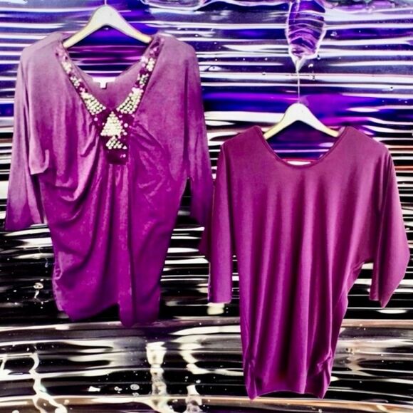 Charlotte Russe VTG Y2K Top Bohemian Purple Sequins Deep V-Ruched 3/4 Sleeve M - Picture 8 of 16
